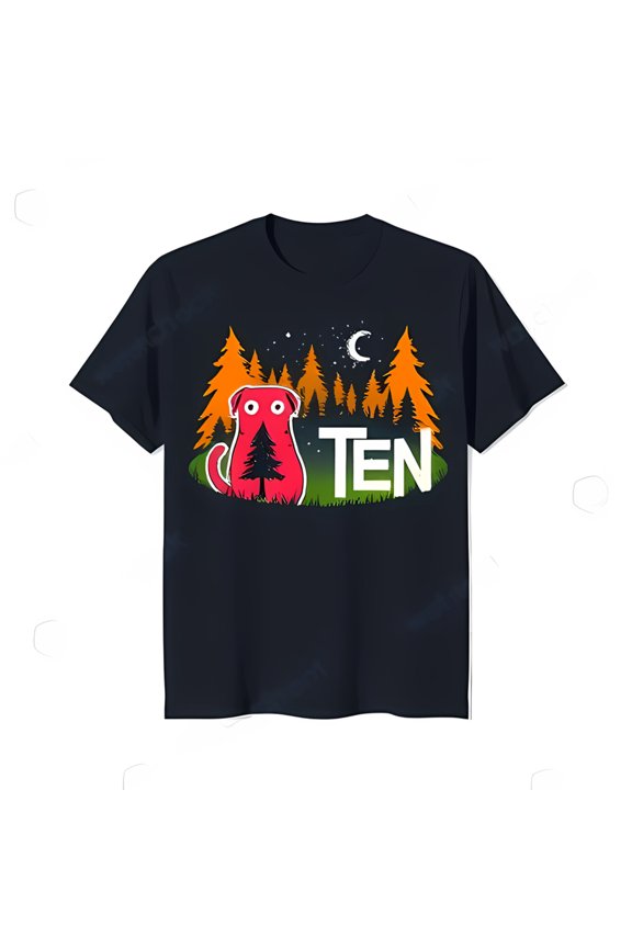 Black T-Shirt with Cartoon Red Dog in Forest 'TEN' Graphic Design