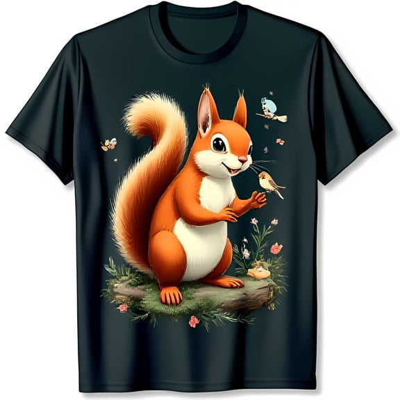 Black T-Shirt with Cartoon Squirrel and Bird Design Cute Nature Graphic Tee