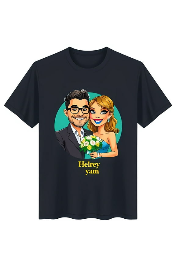 Black T-Shirt with Cartoon Wedding Couple Graphic Smiling Bride & Design