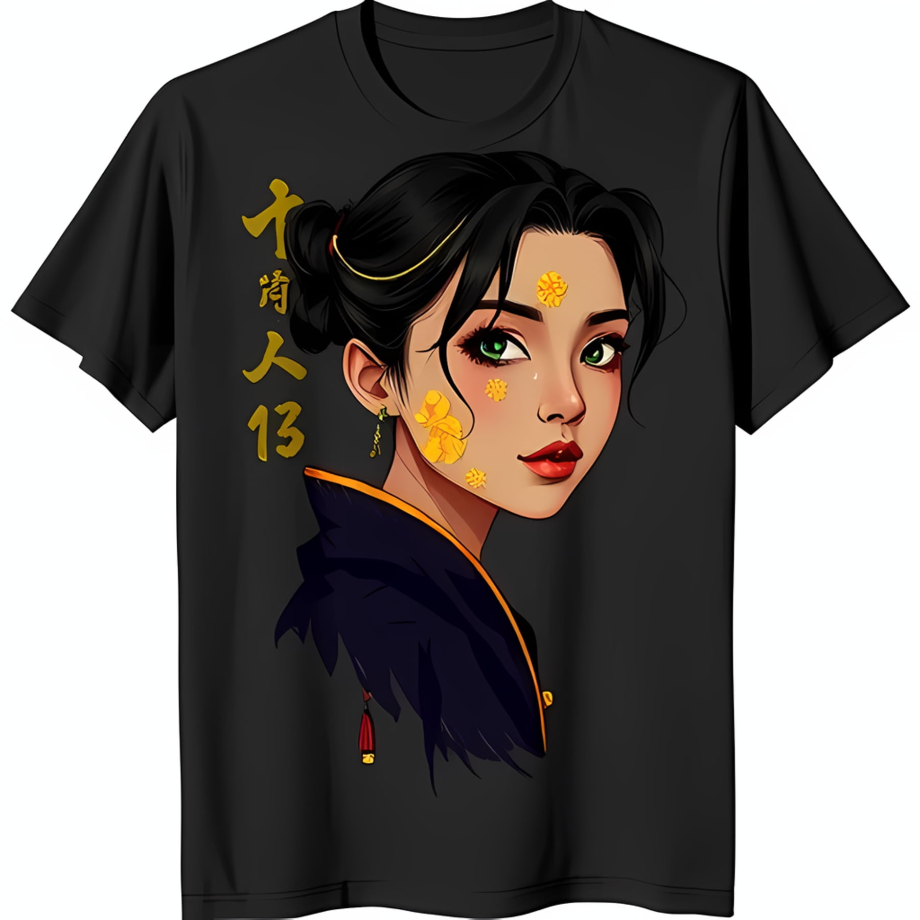 Black TShirt with Cartoon Woman Illustration and Floral Face Design
