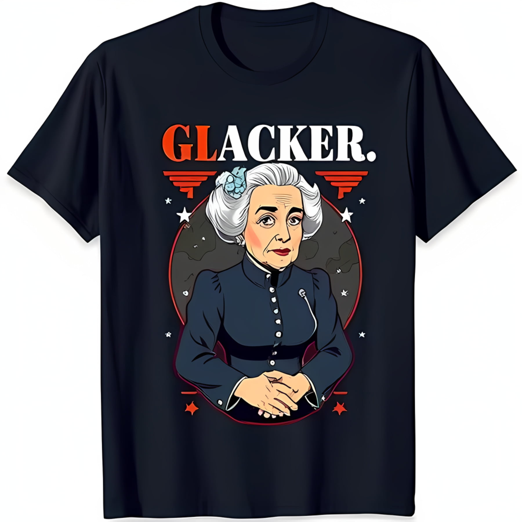Black TShirt with Cartoon Woman White Hair & Dark Blue Dress 'GLACKER