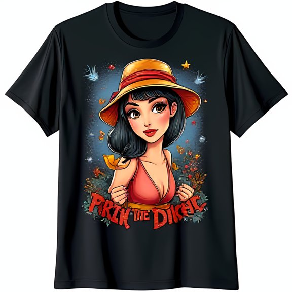 Black T-Shirt with Cartoon Woman in Pink Swimsuit & Hat FRIK THE DITCH Design