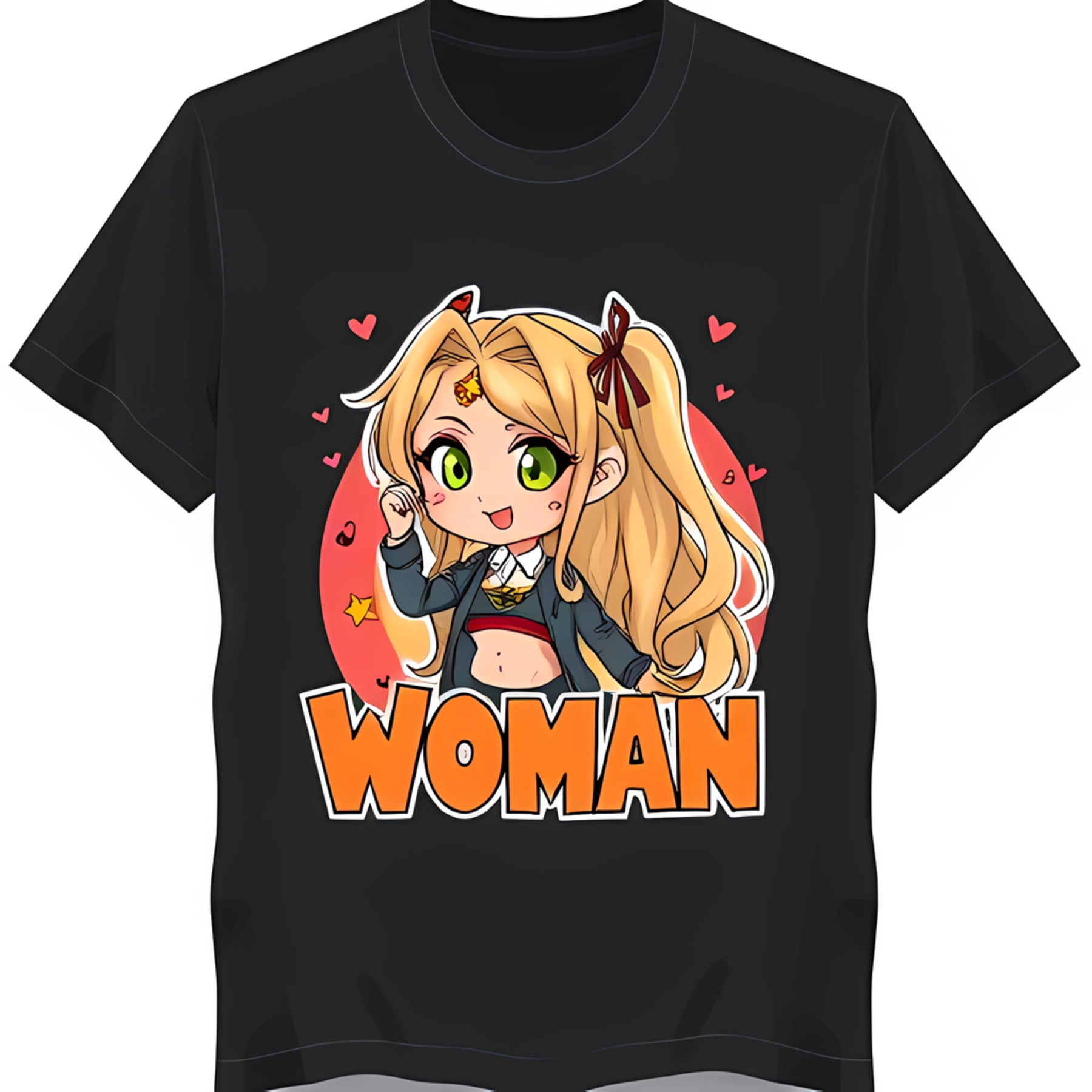 Black TShirt with Cartoon Woman in & Red Bow 'Woman' Graphic Tee
