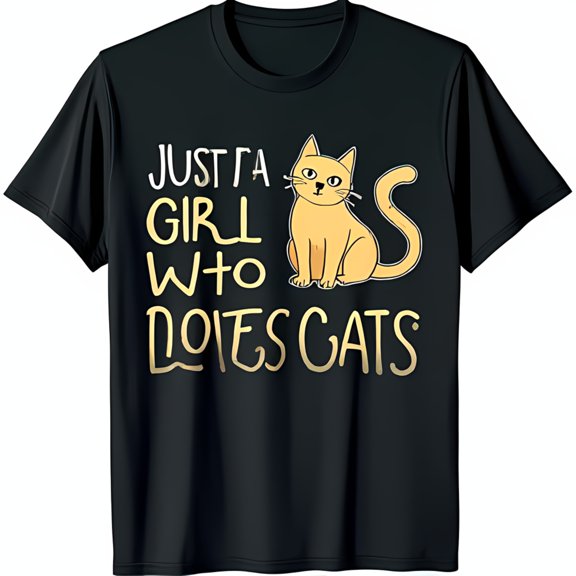 Black T-Shirt with Cartoon Yellow Cat Design Just a Girl Who Loves Cats Graphic Tee