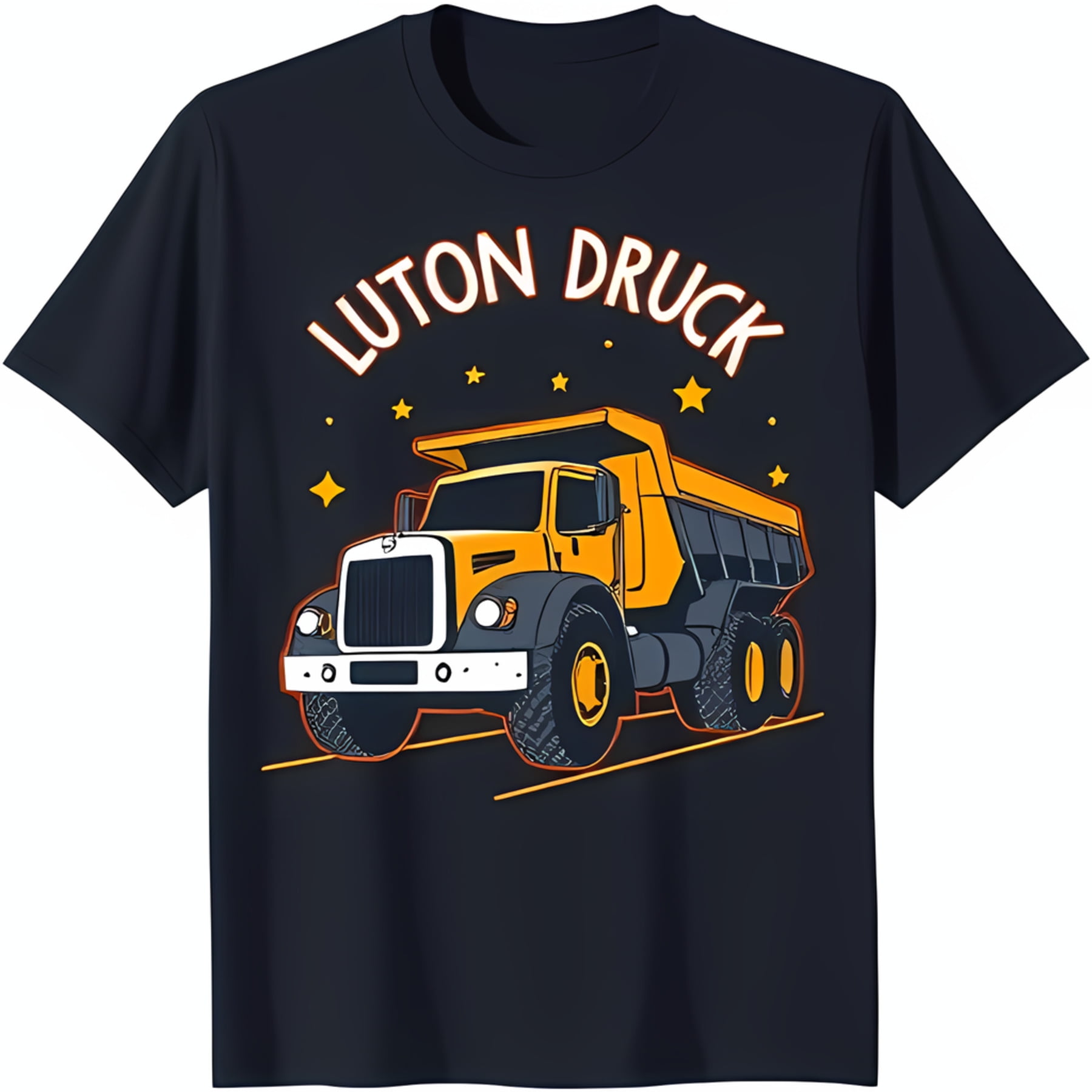 Black TShirt with Cartoon Yellow Dump Truck Design 'Luton Truck