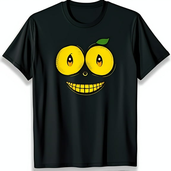 Black T-Shirt with Cartoon Yellow Smiling Face Design Fun & Eye Catching Graphic Tee
