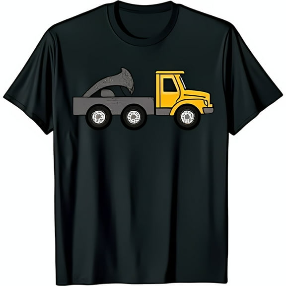 Black T-Shirt with Cartoon Yellow Tow Truck Design Fun Graphic Tee for and Adults