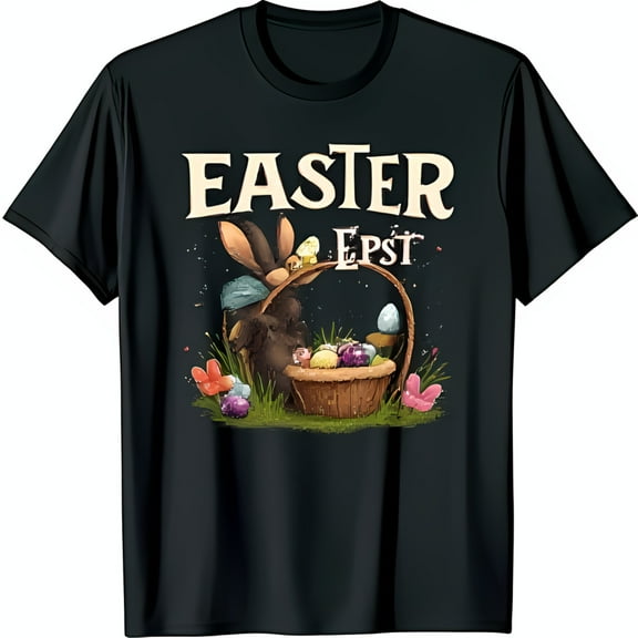 Black T-Shirt with Cartoon in Blue Hat & Colorful Egg Basket Easter Design