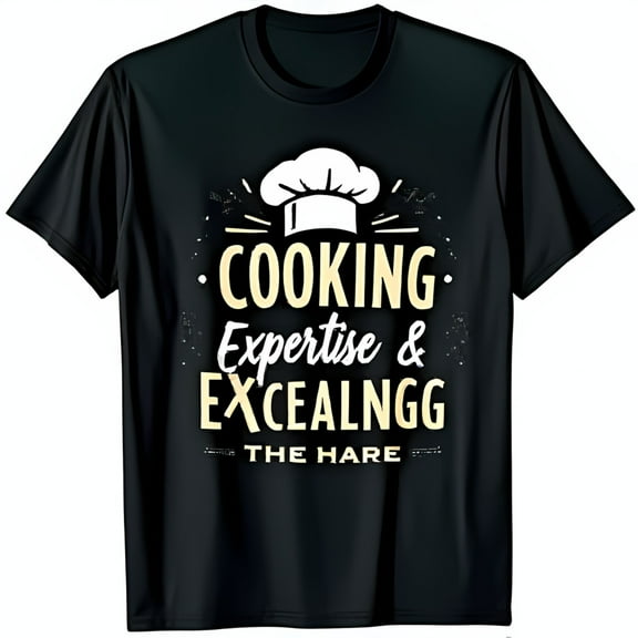Black T-Shirt with Cartoon 's Hat & Bold 'Cooking Expertise & Excealngg The Hare' Text