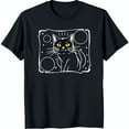 Black TShirt with Cat Design White Outline Cat with Yellow Eyes in
