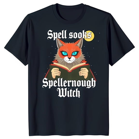 Black T-Shirt with Cat in Witch Hat Reading 'Spell Sooks' Fun Graphic Tee