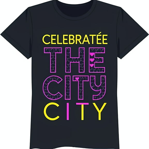 Black T-Shirt with 'Celebratée The City City' Design & Hearts Fun Graphic Tee