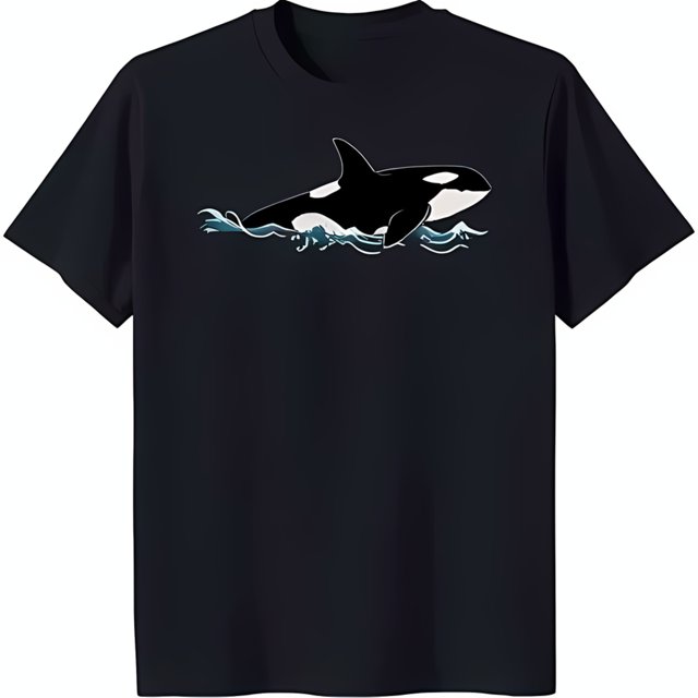 Black TShirt with Centered Orca Whale Graphic Swimming in Blue Ocean