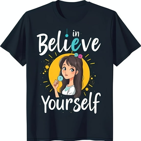Black T-Shirt with Cheerful Cartoon Girl Graphic & Believe in Yourself Text