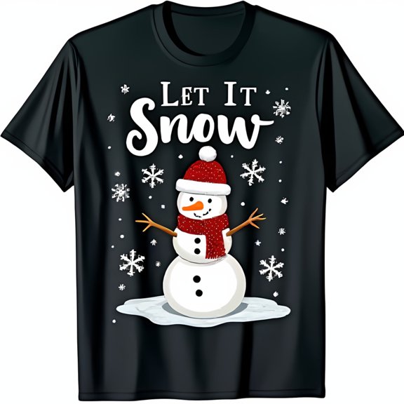 Black T-Shirt with Cheerful Snowman Graphic & Let It Snow Text