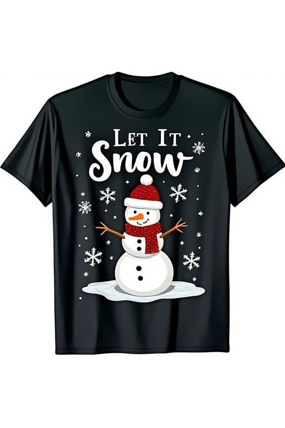 Black T-Shirt with Cheerful Snowman Graphic & Let It Snow Text