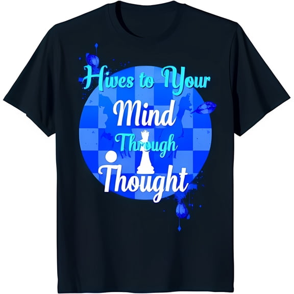 Black T-Shirt with Chessboard Graphic & Playful 'Hives to Your Mind' Design