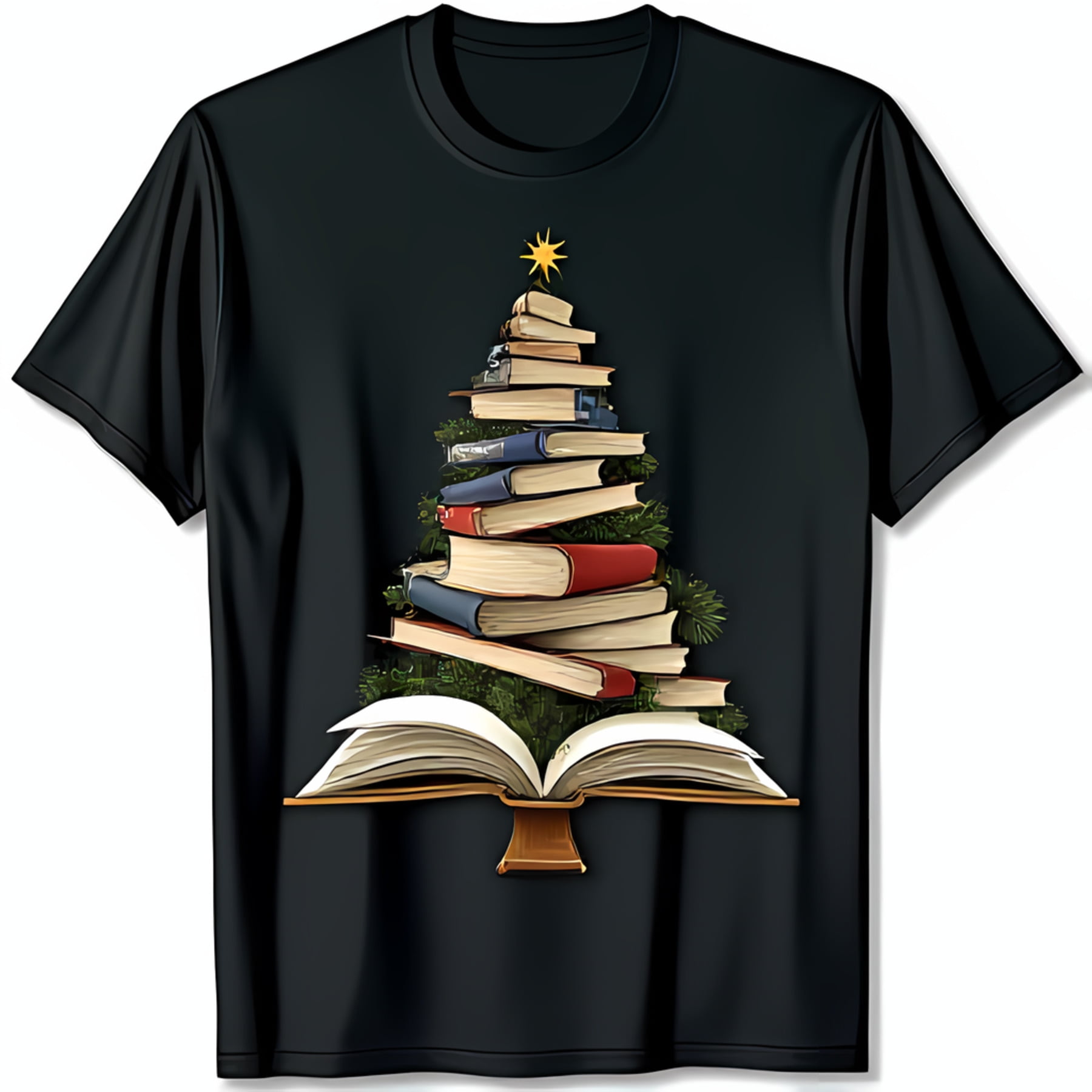 Black TShirt with Christmas Tree Made of & Open Book Base for Book