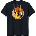Black TShirt with Circle Design Featuring Yellow Red & White and Brown Acoustic Guitars