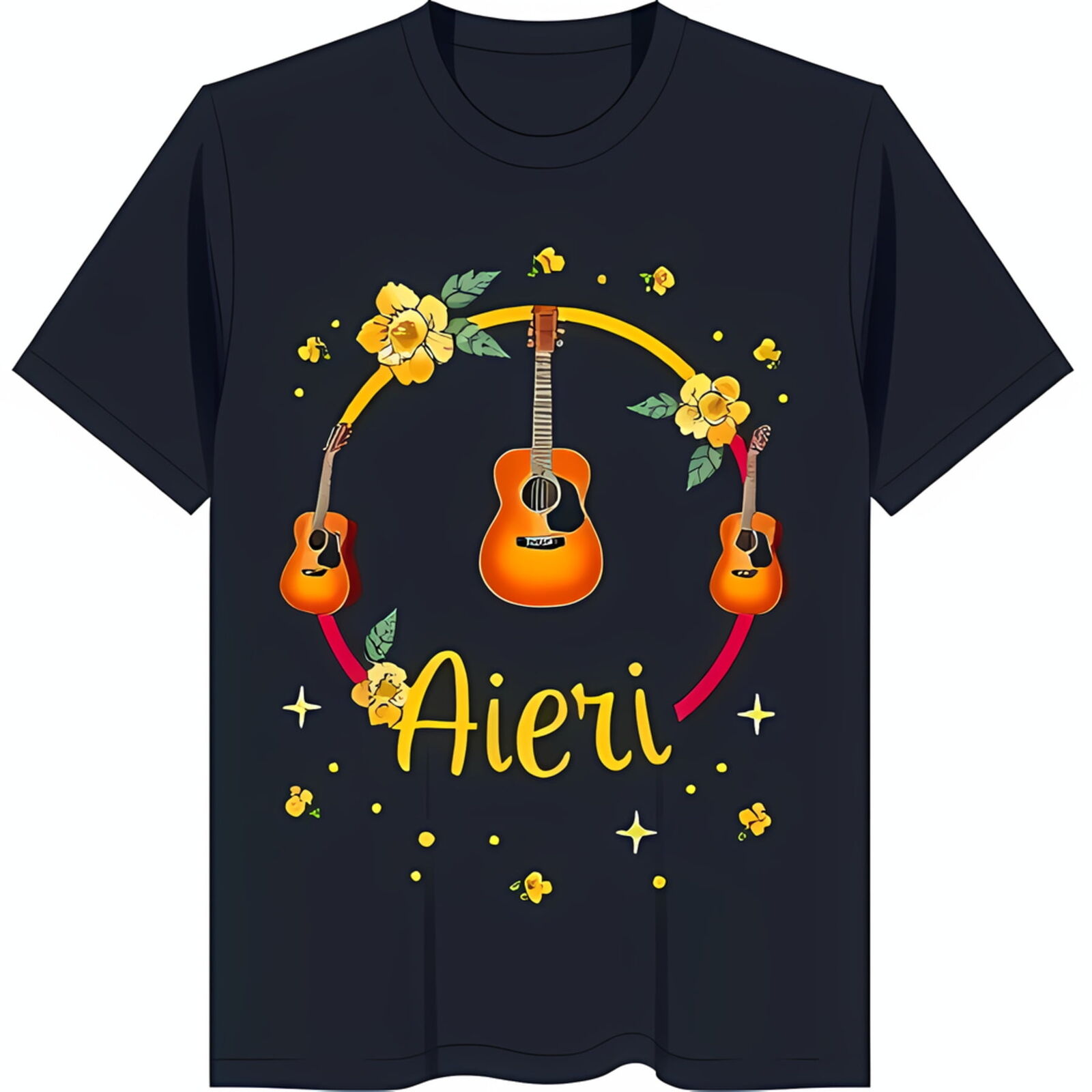 Black TShirt with Circular Design of Three Acoustic Guitars & Yellow Flowers