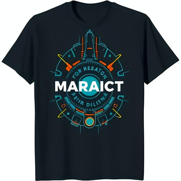 Black T-Shirt with Circular Spaceship Graphic Design 'MARAICT' in White