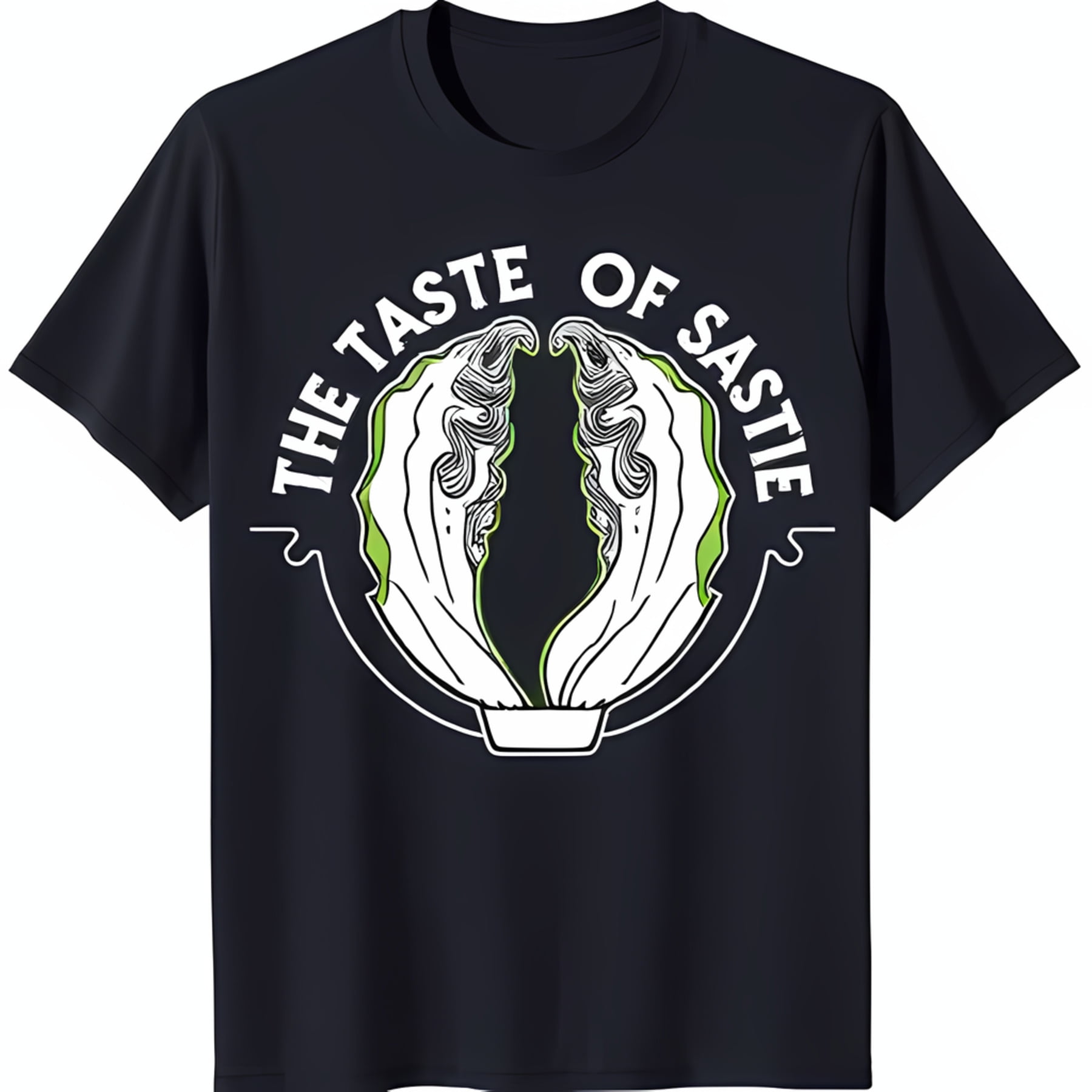 Black TShirt with Circular 'THE TASTE OF SASTIE' Design & Lettuce