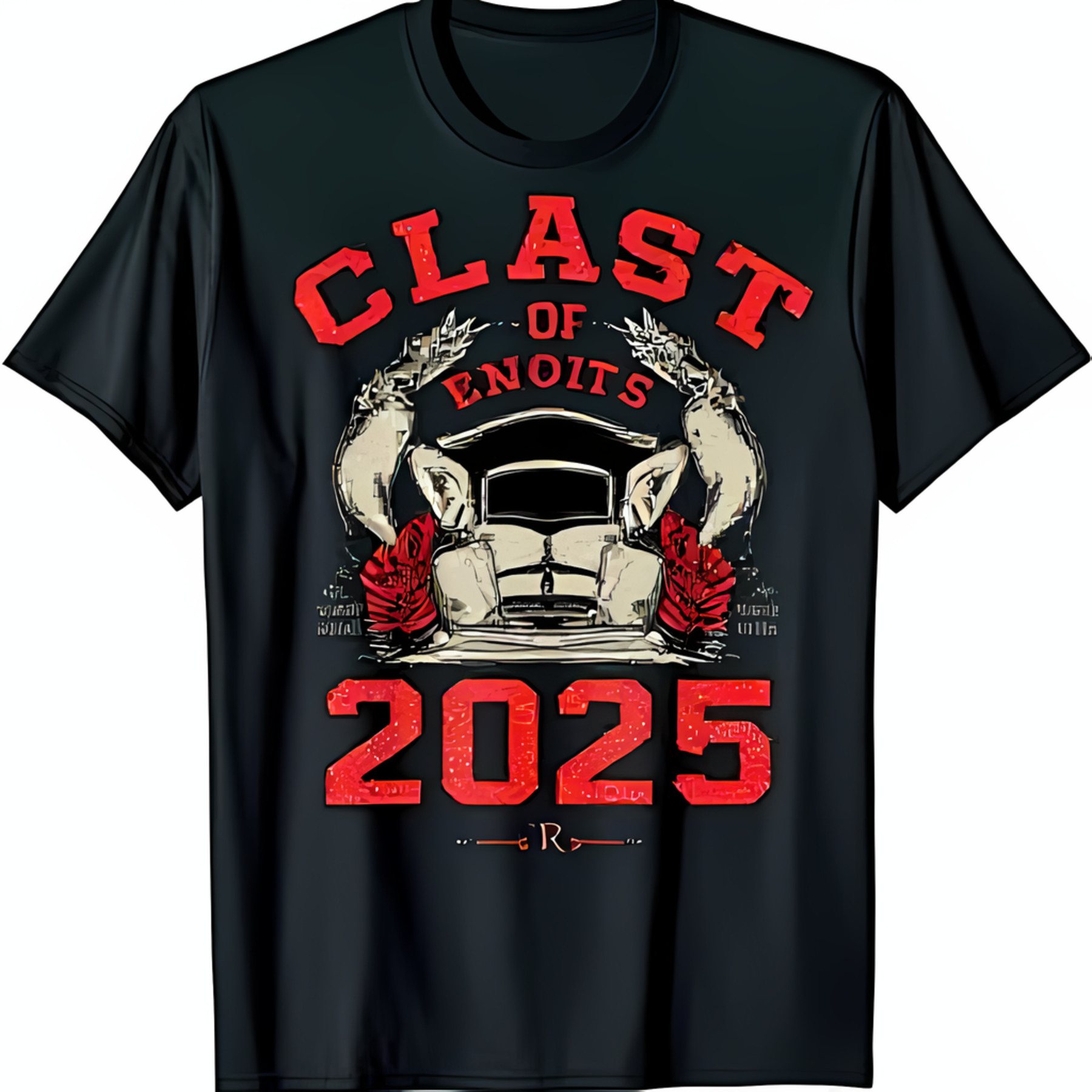 Black TShirt with 'Class of 2025' Graphic Car & Roses Design