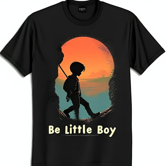 Black T-Shirt with Climbing Boy & Sunset Graphic Be Little Boy
