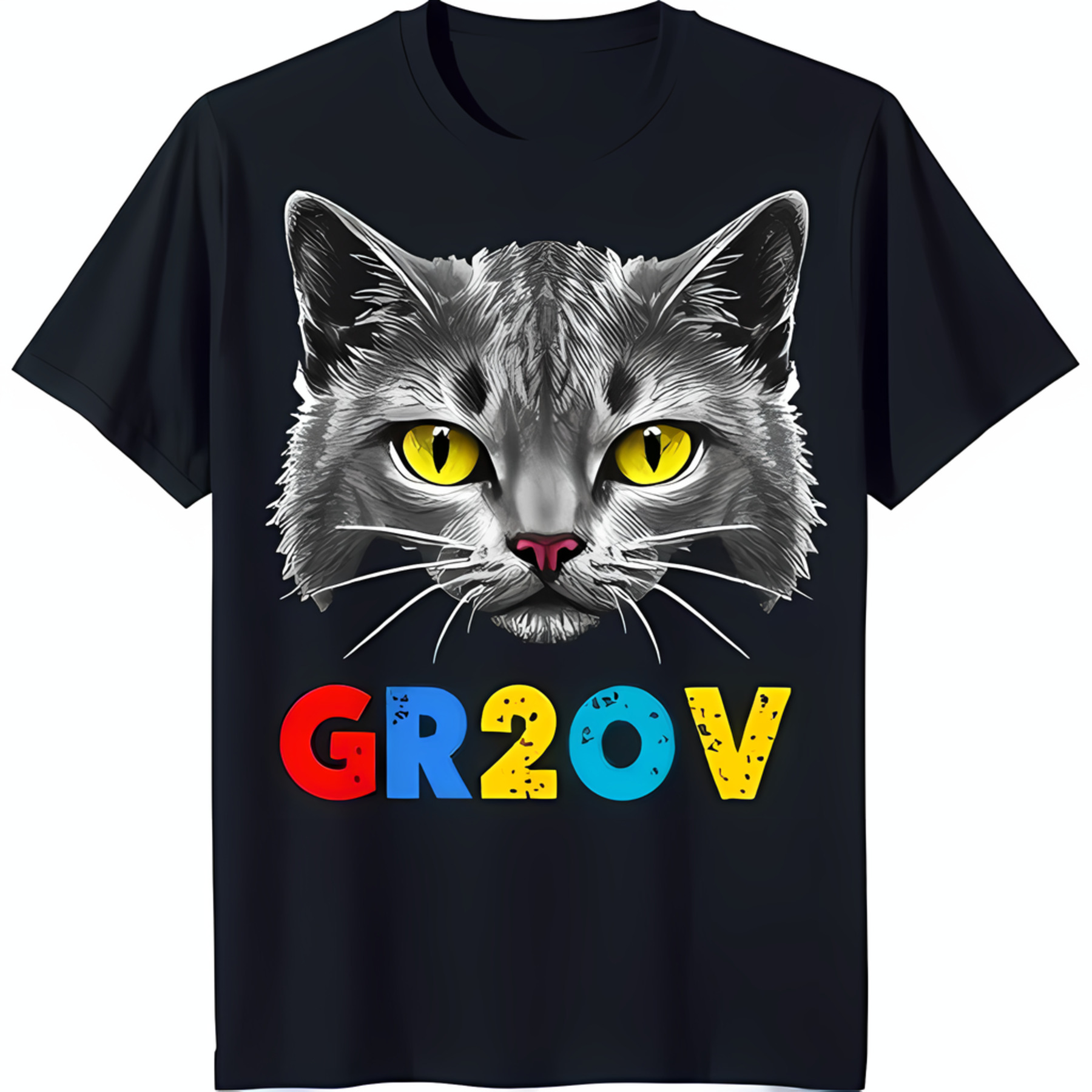 Black TShirt with Close Up Cat Face Design Large Yellow Eyes & 'GR20V
