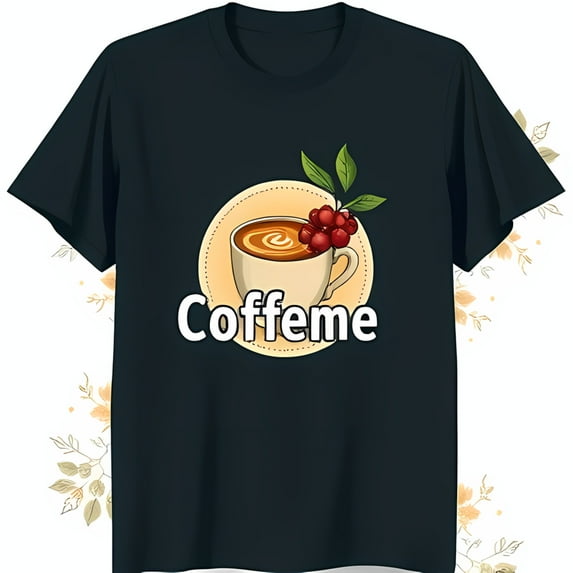 Black T-Shirt with Coffee Cup Design & Red Branch 'Coffeme' Graphic Tee