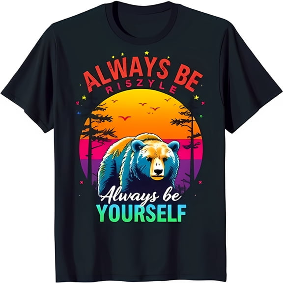 Black T-Shirt with Colorful Bear Sunset Graphic 'Always Be Riszyle' Design