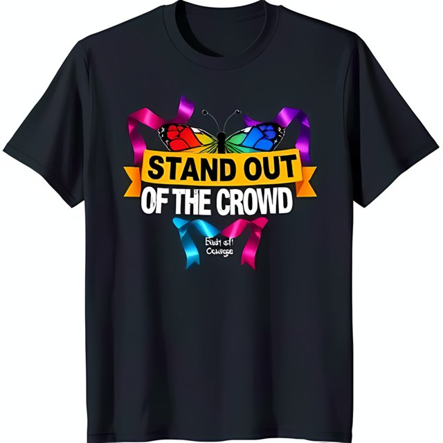 Black TShirt with Colorful Butterfly Graphic & 'Stand Out of the Crowd