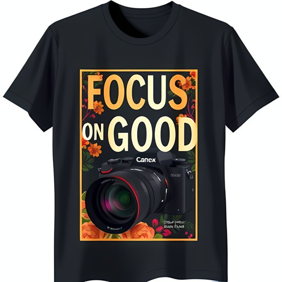 Black T-Shirt with Colorful Camera Graphic & 'Focus on Good' Design