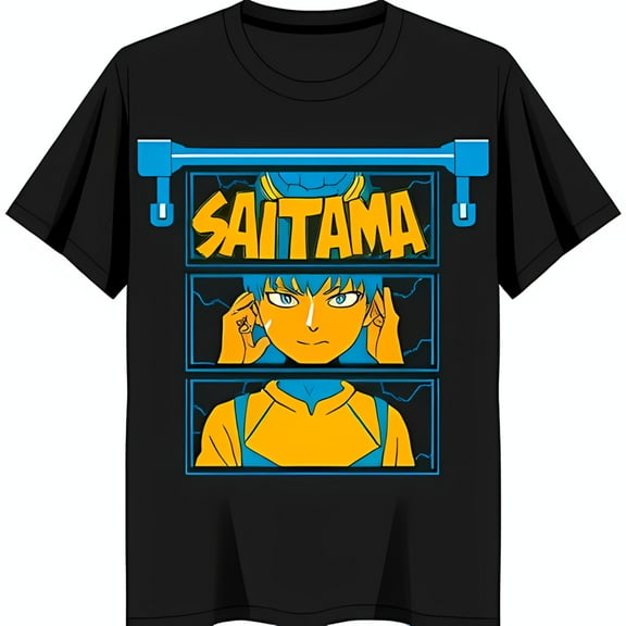 Black T-Shirt with Colorful Cartoon Character Graphic Saitama Design with Blue Hair & Bold Yellow Font