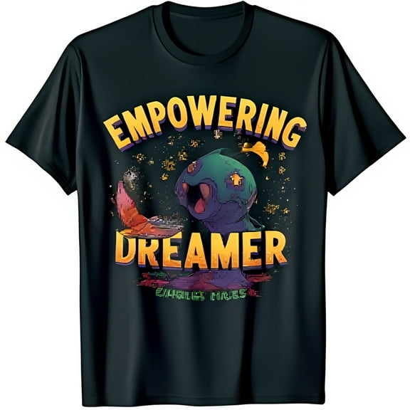 Black T-Shirt with Colorful Cartoon Creature Graphic Empowering Dreamer Design