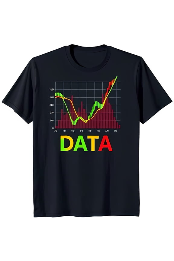 Black T-Shirt with Colorful Chart Graphic and 'DATA' Text Trendy Analytics Tee