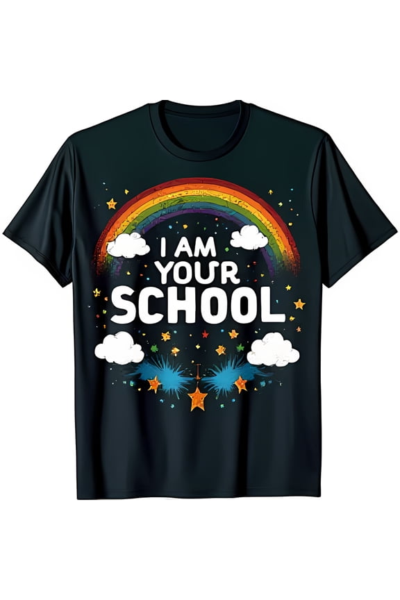 Black T-Shirt with Colorful Clouds and Stars I AM YOUR SCHOOL Graphic