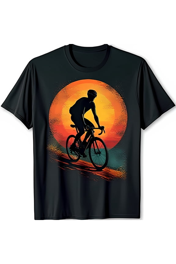 Black T-Shirt with Colorful Cyclist Against Sunset Design
