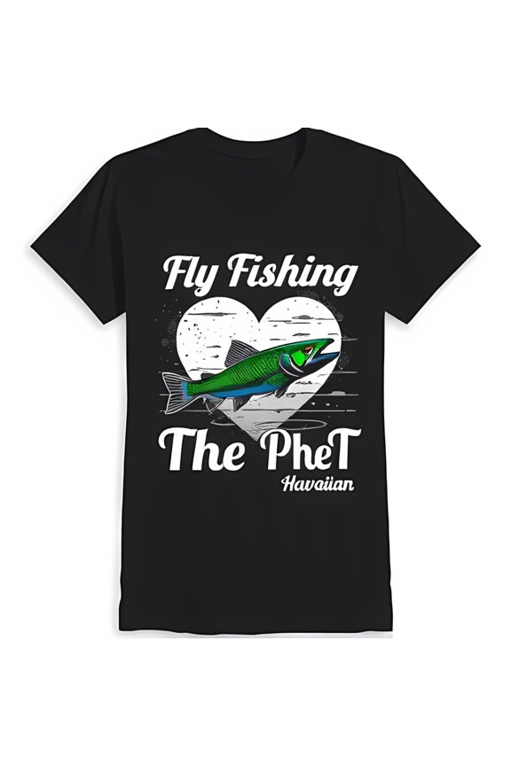 Black T-Shirt with Colorful Fish in Heart 'Fly The Phet Hawaiian' Design