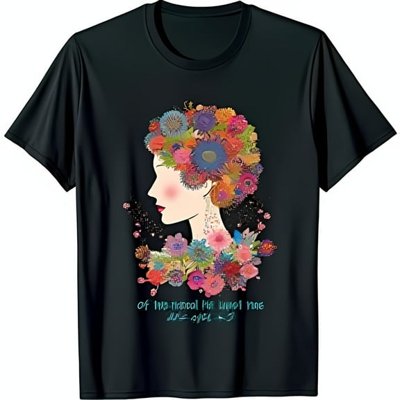 Black T-Shirt with Colorful Floral Woman s Profile Design & Unique Quote