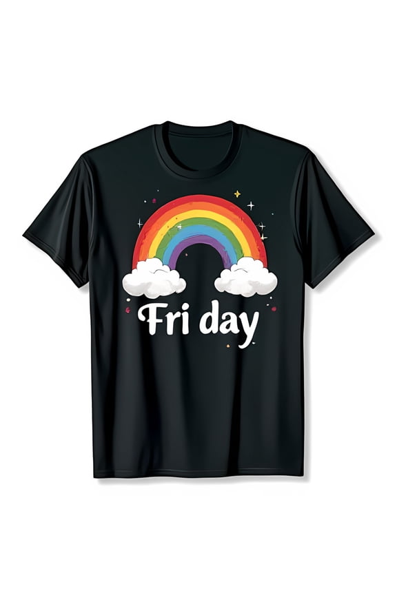 Black T-Shirt with Colorful 'Fri day' Text Clouds & Stars Graphic