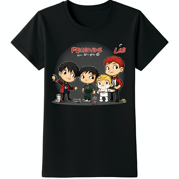 Black T-Shirt with Colorful Friends Lab Graphic Featuring Five Happy Cartoon