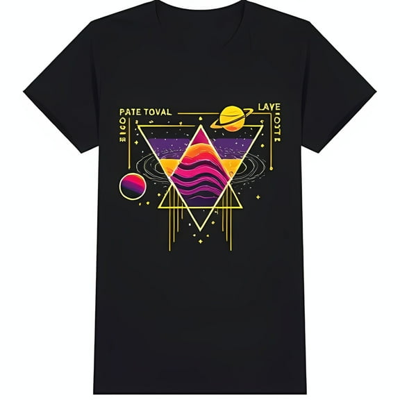 Black T-Shirt with Colorful Geometric Space Graphic 'PATE TOVAL' & 'LAVE IOTTE' Design