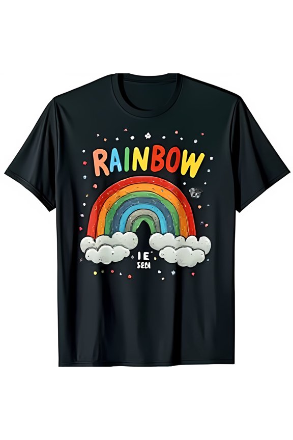 Black T-Shirt with Colorful Glitter Rainbow & I SEE Clouds Design