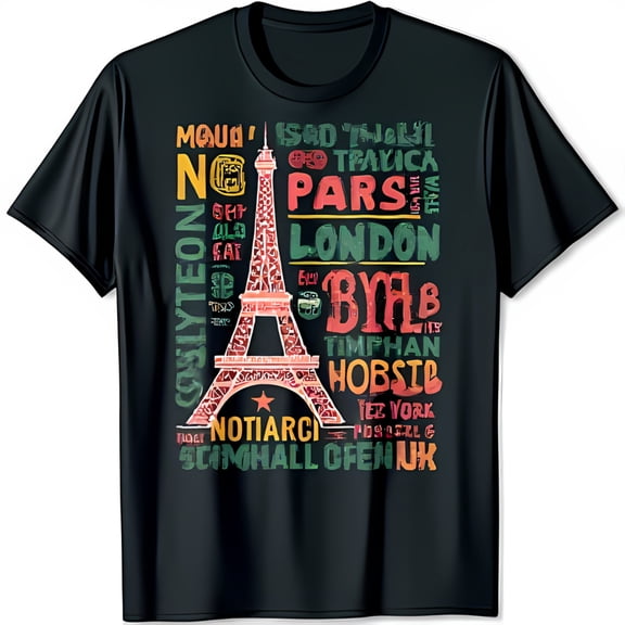 Black T-Shirt with Colorful Graphic & World City Names Print