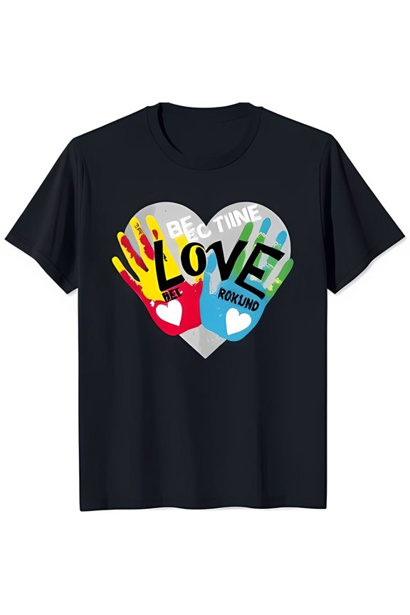 Black T-Shirt with Colorful Handprint Heart Design LOVE BECTINE BEI ROKUND