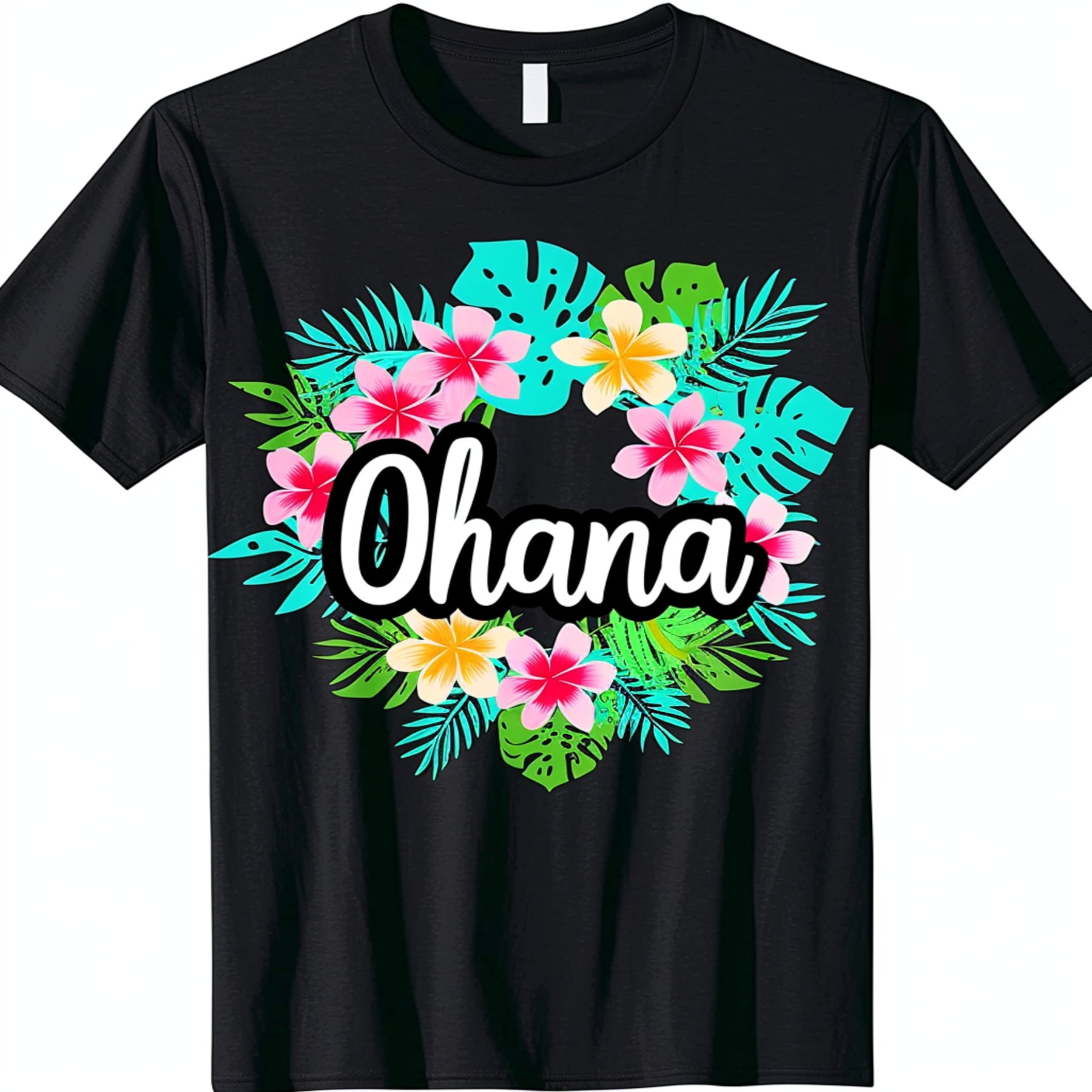 Black T Shirt with Colorful Hawaiian Flowers Ohana Text Tropical Beach ...