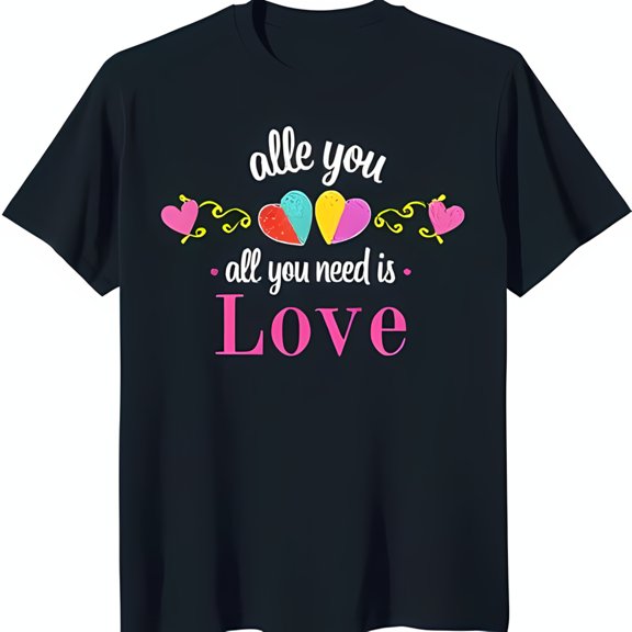 Black T-Shirt with Colorful Heart Graphic & 'All You Need is Love' Text