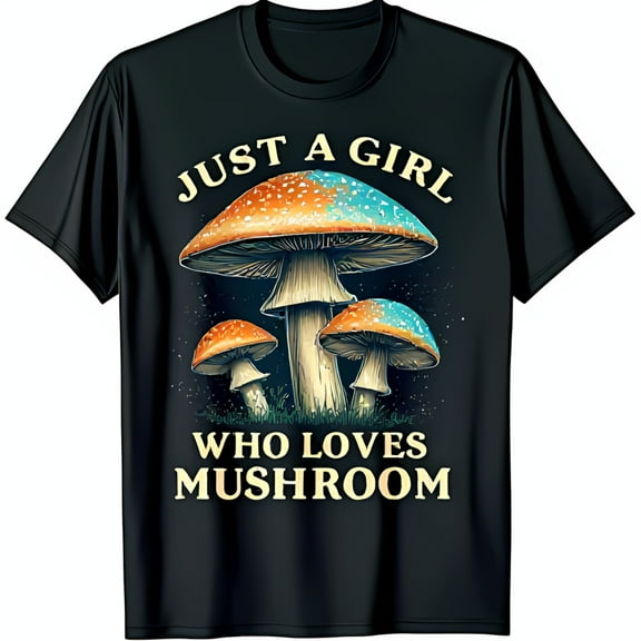 Black T-Shirt with Colorful Mushroom Graphic & Just a Girl Who Loves Mushrooms Text