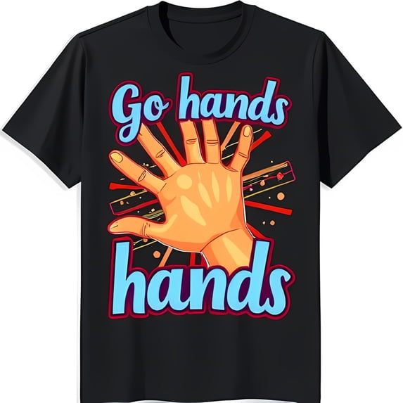 Black T-Shirt with Colorful Open Hand Graphic & 'Go Hands' Text Design